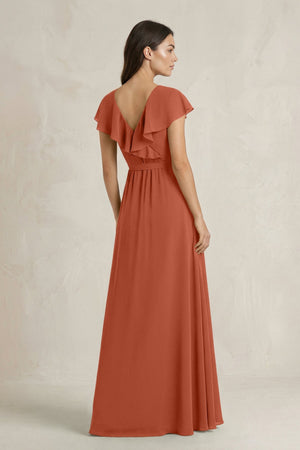 V - Neck A - Line Ruffled Chiffon Bridesmaid Dress With Bow in Spice - SHE IS ME Bridesmaid Dresses