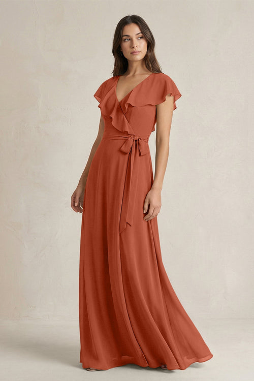 V - Neck A - Line Ruffled Chiffon Bridesmaid Dress With Bow in Spice - SHE IS ME Bridesmaid Dresses
