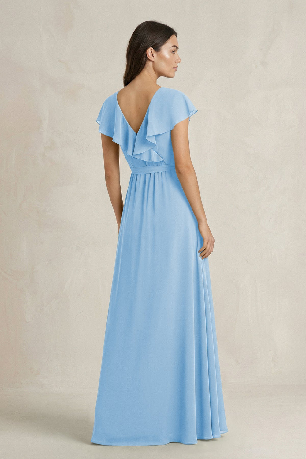 V - Neck A - Line Ruffled Chiffon Bridesmaid Dress With Bow in Steel Blue - KISS BRIDAL Bridesmaid Dresses