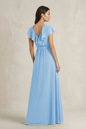 V - Neck A - Line Ruffled Chiffon Bridesmaid Dress With Bow in Steel Blue - SHE IS ME Bridesmaid Dresses