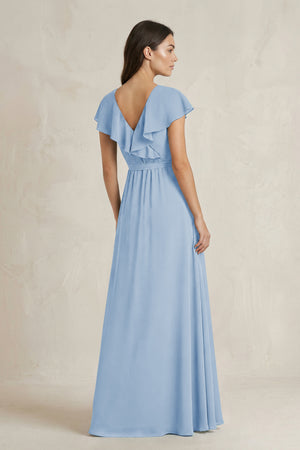 V-Neck A-Line Ruffled Chiffon Bridesmaid Dress With Bow  in Steel Blue (2) | KISSBRIDAL