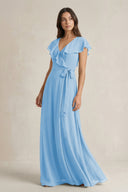 V - Neck A - Line Ruffled Chiffon Bridesmaid Dress With Bow in Steel Blue - SHE IS ME Bridesmaid Dresses