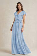 V-Neck A-Line Ruffled Chiffon Bridesmaid Dress With Bow  in Steel Blue | KISSBRIDAL