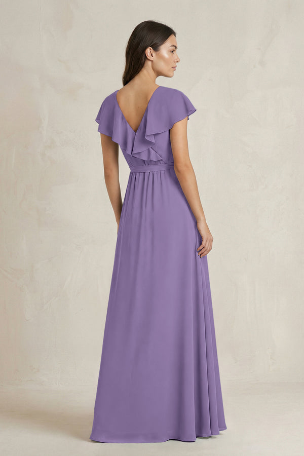 V-Neck A-Line Ruffled Chiffon Bridesmaid Dress With Bow  in Tahiti (2) | KISSBRIDAL