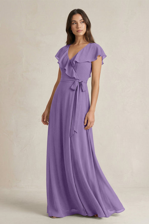 V - Neck A - Line Ruffled Chiffon Bridesmaid Dress With Bow in Tahiti - SHE IS ME Bridesmaid Dresses