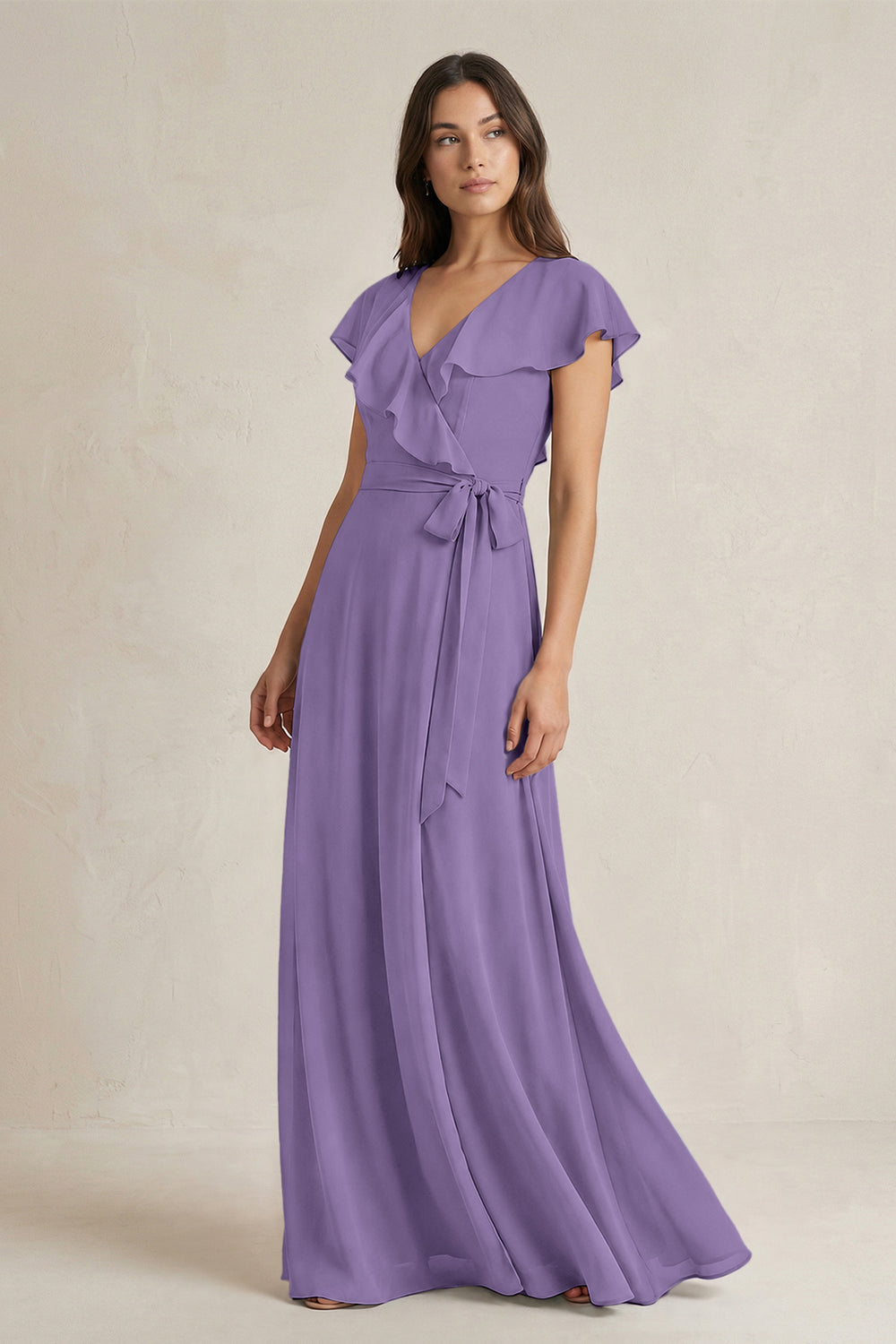 V-Neck A-Line Ruffled Chiffon Bridesmaid Dress With Bow in Tahiti