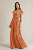 V - Neck A - Line Ruffled Chiffon Bridesmaid Dress With Bow in Terracotta - SHE IS ME Bridesmaid Dresses