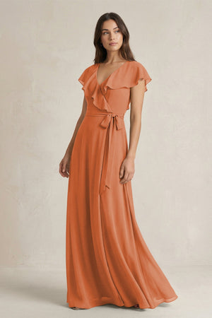 V - Neck A - Line Ruffled Chiffon Bridesmaid Dress With Bow in Terracotta - SHE IS ME Bridesmaid Dresses