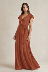 V-Neck A-Line Ruffled Chiffon Bridesmaid Dress With Bow  in Terracotta | KISSBRIDAL