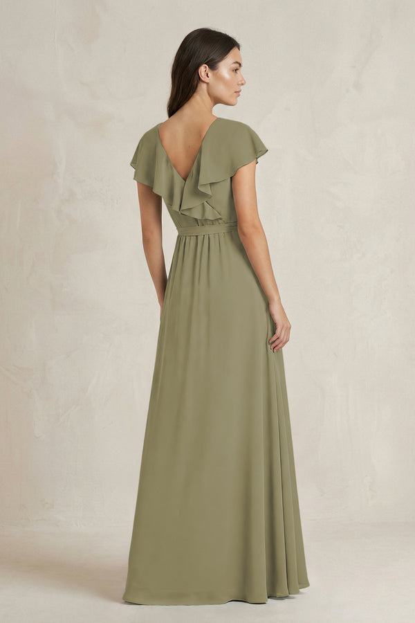 V-Neck A-Line Ruffled Chiffon Bridesmaid Dress With Bow  in Thyme (2) | KISSBRIDAL