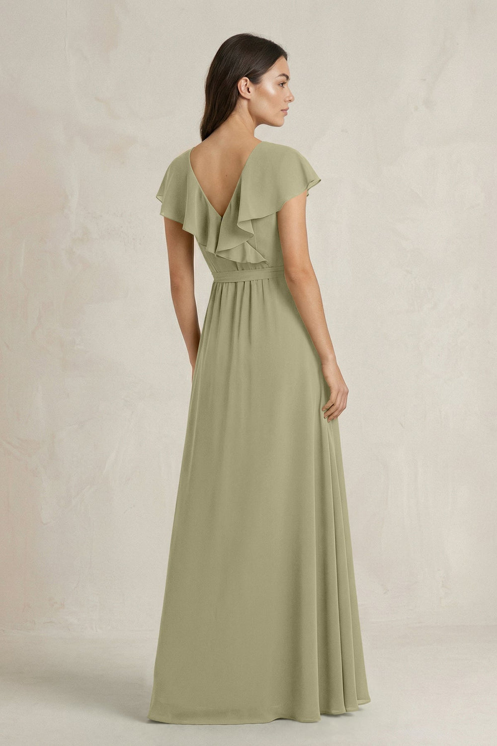 V - Neck A - Line Ruffled Chiffon Bridesmaid Dress With Bow in Thyme - KISS BRIDAL Bridesmaid Dresses