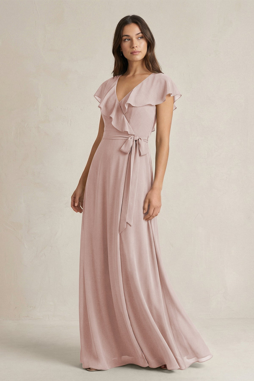 V - Neck A - Line Ruffled Chiffon Bridesmaid Dress With Bow in Toffee - KISS BRIDAL Bridesmaid Dresses