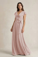 V - Neck A - Line Ruffled Chiffon Bridesmaid Dress With Bow in Toffee - SHE IS ME Bridesmaid Dresses