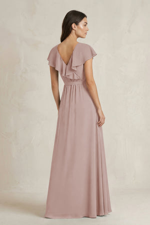 V-Neck A-Line Ruffled Chiffon Bridesmaid Dress With Bow in Toffee (2) | KISSBRIDAL