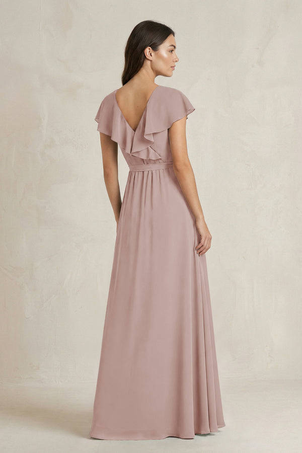 V-Neck A-Line Ruffled Chiffon Bridesmaid Dress With Bow in Toffee (2) | KISSBRIDAL