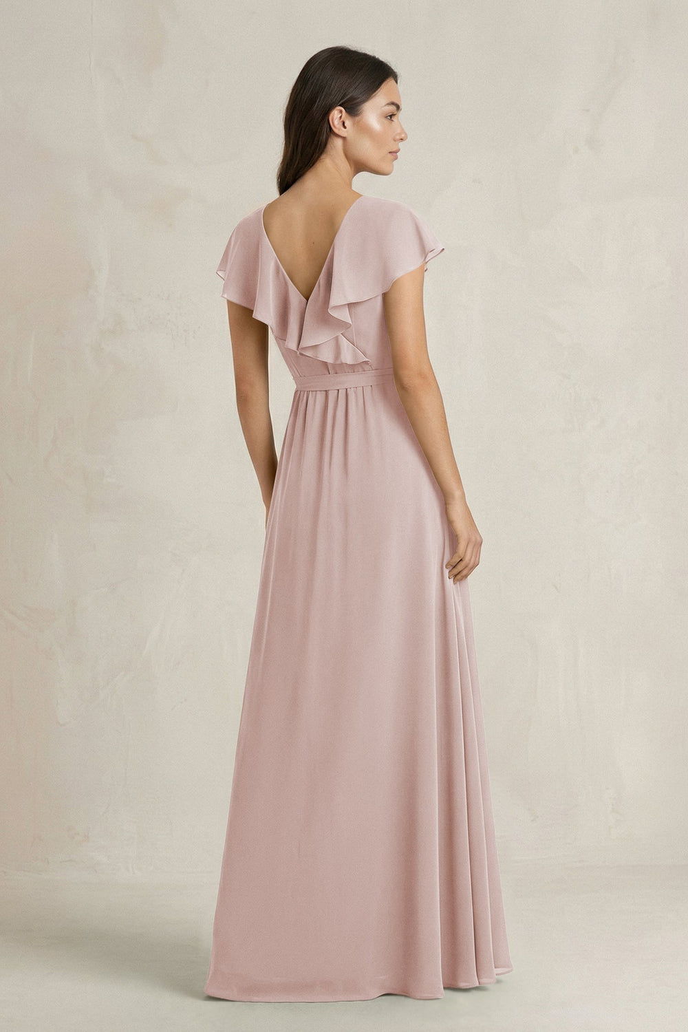V - Neck A - Line Ruffled Chiffon Bridesmaid Dress With Bow in Toffee - KISS BRIDAL Bridesmaid Dresses