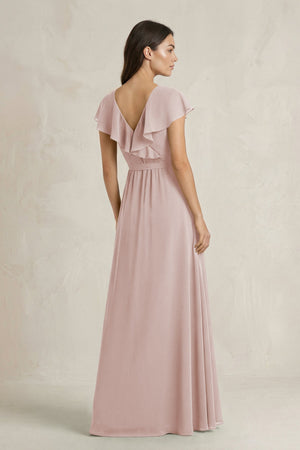 V - Neck A - Line Ruffled Chiffon Bridesmaid Dress With Bow in Toffee - SHE IS ME Bridesmaid Dresses