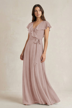 V-Neck A-Line Ruffled Chiffon Bridesmaid Dress With Bow in Toffee | KISSBRIDAL