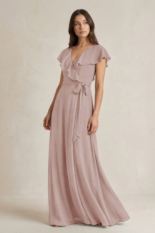 V-Neck A-Line Ruffled Chiffon Bridesmaid Dress With Bow in Toffee | KISSBRIDAL