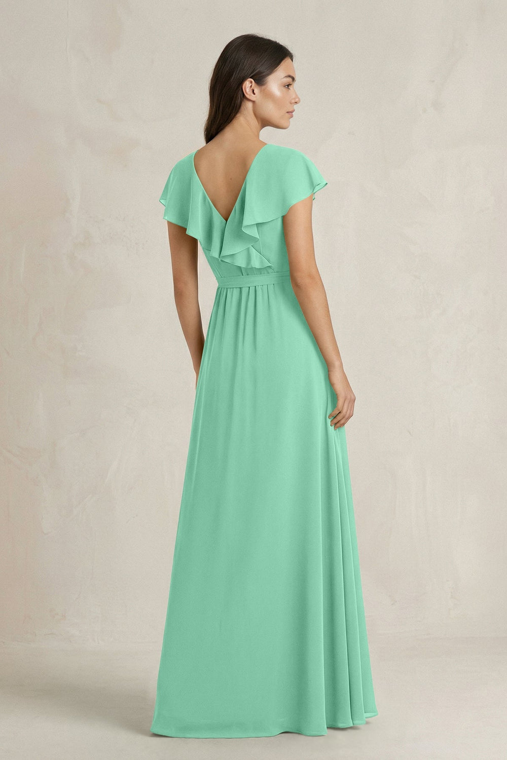 V - Neck A - Line Ruffled Chiffon Bridesmaid Dress With Bow in Turquoise - KISS BRIDAL Bridesmaid Dresses
