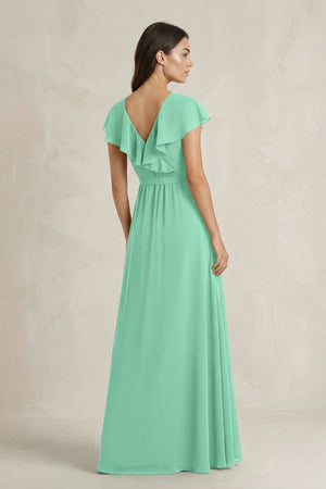 V - Neck A - Line Ruffled Chiffon Bridesmaid Dress With Bow in Turquoise - SHE IS ME Bridesmaid Dresses