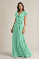 V - Neck A - Line Ruffled Chiffon Bridesmaid Dress With Bow in Turquoise - SHE IS ME Bridesmaid Dresses