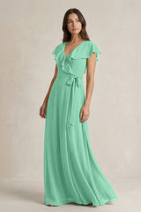 V - Neck A - Line Ruffled Chiffon Bridesmaid Dress With Bow in Turquoise - KISS BRIDAL Bridesmaid Dresses