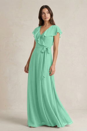 V - Neck A - Line Ruffled Chiffon Bridesmaid Dress With Bow in Turquoise - SHE IS ME Bridesmaid Dresses