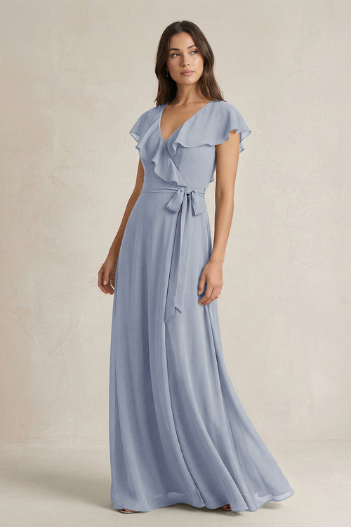 V - Neck A - Line Ruffled Chiffon Bridesmaid Dress With Bow in Twilight - SHE IS ME Bridesmaid Dresses