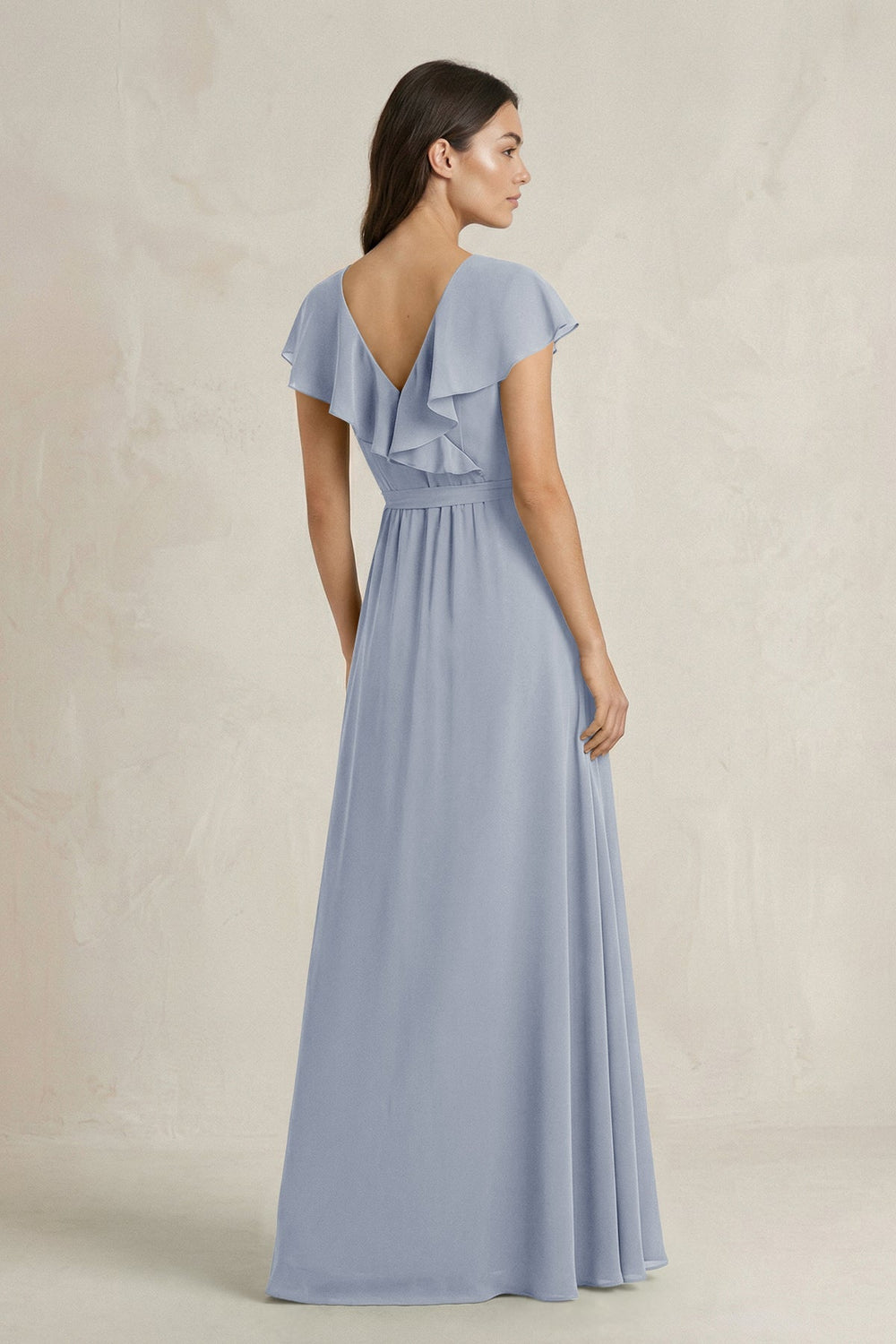 V - Neck A - Line Ruffled Chiffon Bridesmaid Dress With Bow in Twilight - KISS BRIDAL Bridesmaid Dresses