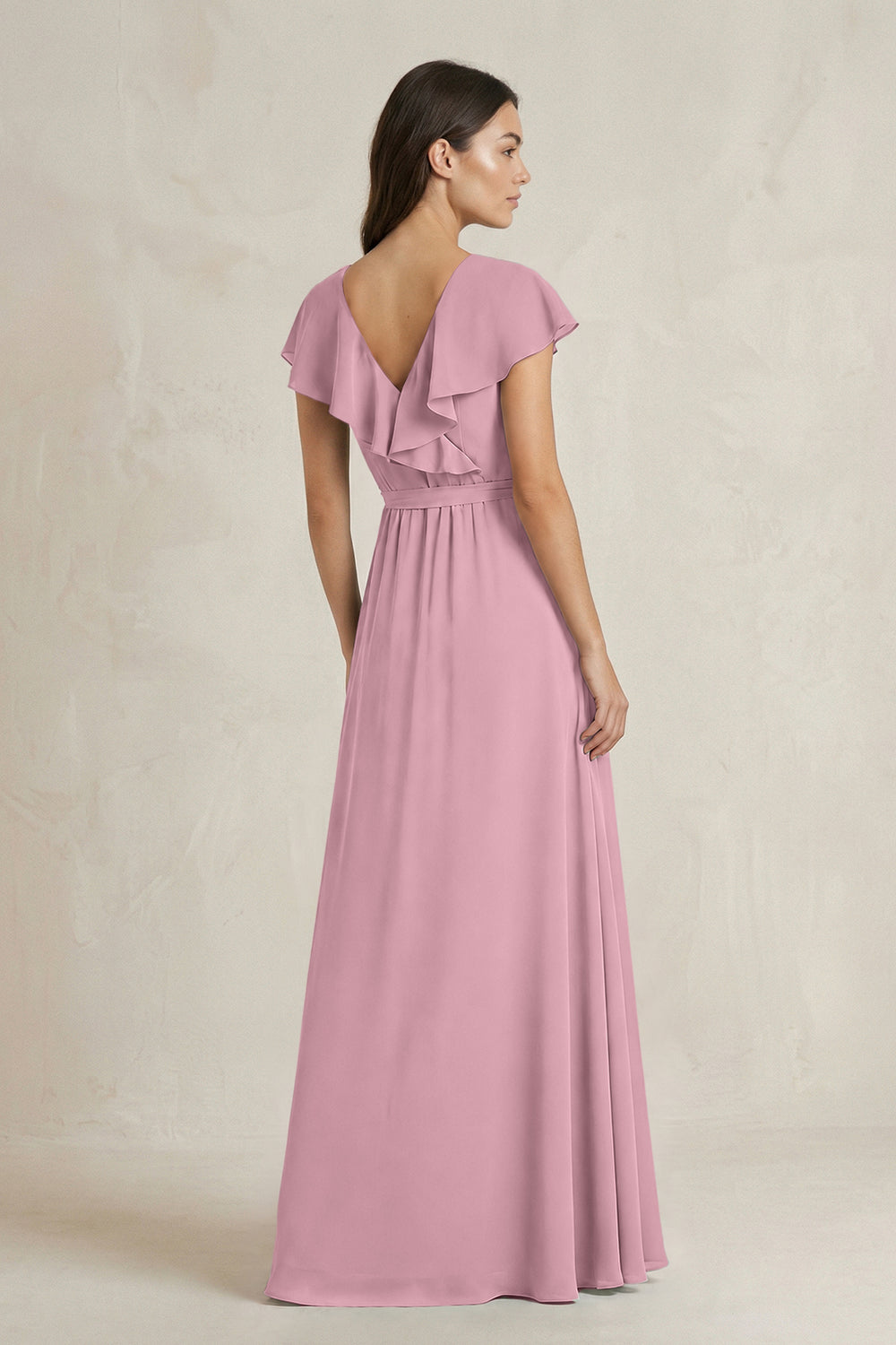V-Neck A-Line Ruffled Chiffon Bridesmaid Dress With Bow in Vintage Mauve