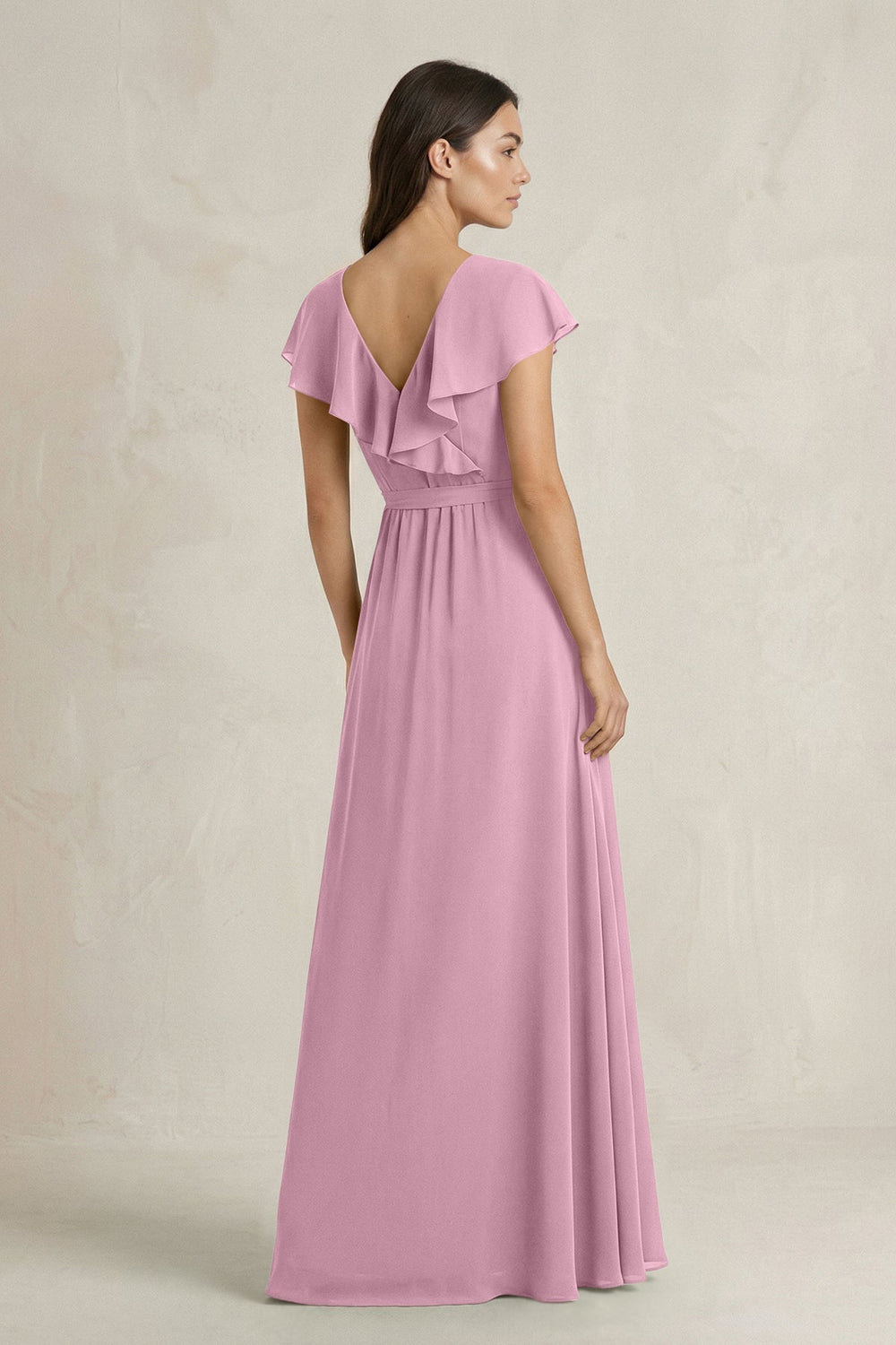 V - Neck A - Line Ruffled Chiffon Bridesmaid Dress With Bow in Vintage Mauve - KISS BRIDAL Bridesmaid Dresses