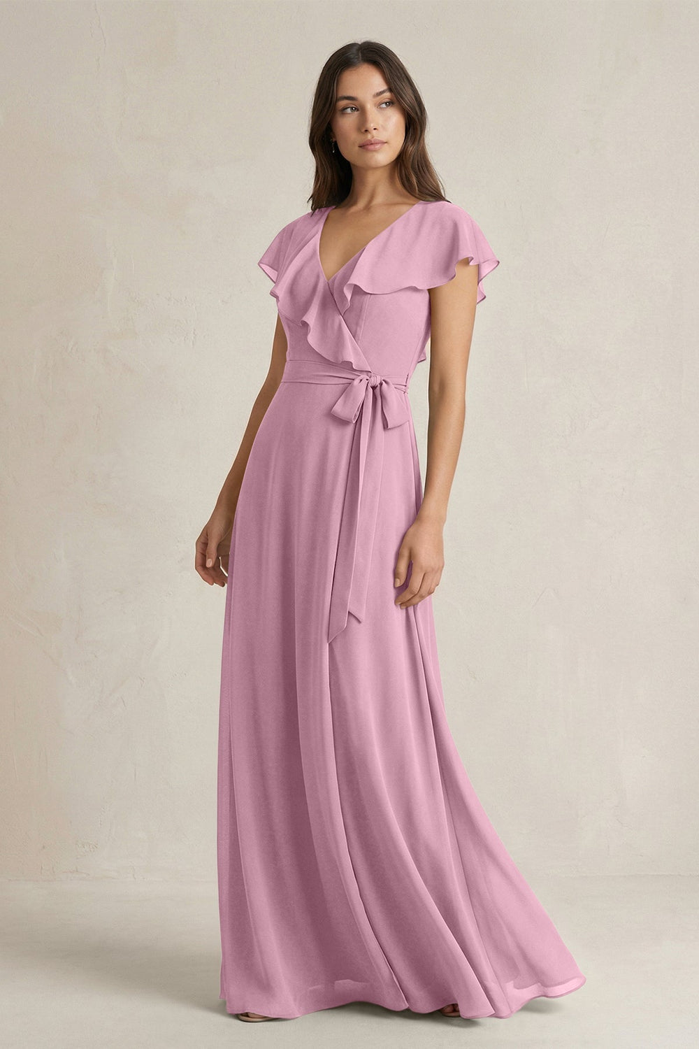 V - Neck A - Line Ruffled Chiffon Bridesmaid Dress With Bow in Vintage Mauve - KISS BRIDAL Bridesmaid Dresses