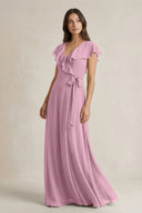 V - Neck A - Line Ruffled Chiffon Bridesmaid Dress With Bow in Vintage Mauve - SHE IS ME Bridesmaid Dresses