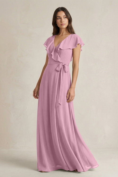 V - Neck A - Line Ruffled Chiffon Bridesmaid Dress With Bow in Vintage Mauve - SHE IS ME Bridesmaid Dresses