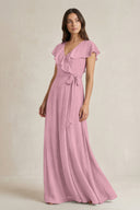 V-Neck A-Line Ruffled Chiffon Bridesmaid Dress With Bow  in Vintage Mauve | KISSBRIDAL