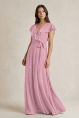 V-Neck A-Line Ruffled Chiffon Bridesmaid Dress With Bow  in Vintage Mauve | KISSBRIDAL