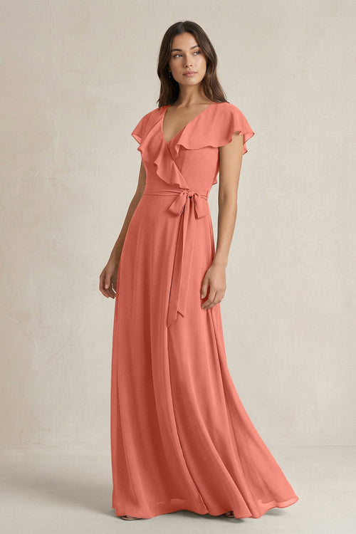 V - Neck A - Line Ruffled Chiffon Bridesmaid Dress With Bow in Wild Rose - SHE IS ME Bridesmaid Dresses
