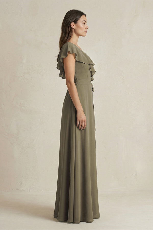 V - Neck A - Line Ruffled Chiffon Bridesmaid Dress With Bow in Willow Green - SHE IS ME Bridesmaid Dresses