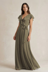 V - Neck A - Line Ruffled Chiffon Bridesmaid Dress With Bow in Willow Green - KISS BRIDAL Bridesmaid Dresses