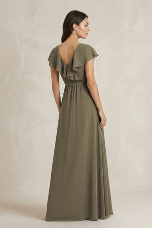 V - Neck A - Line Ruffled Chiffon Bridesmaid Dress With Bow in Willow Green - SHE IS ME Bridesmaid Dresses