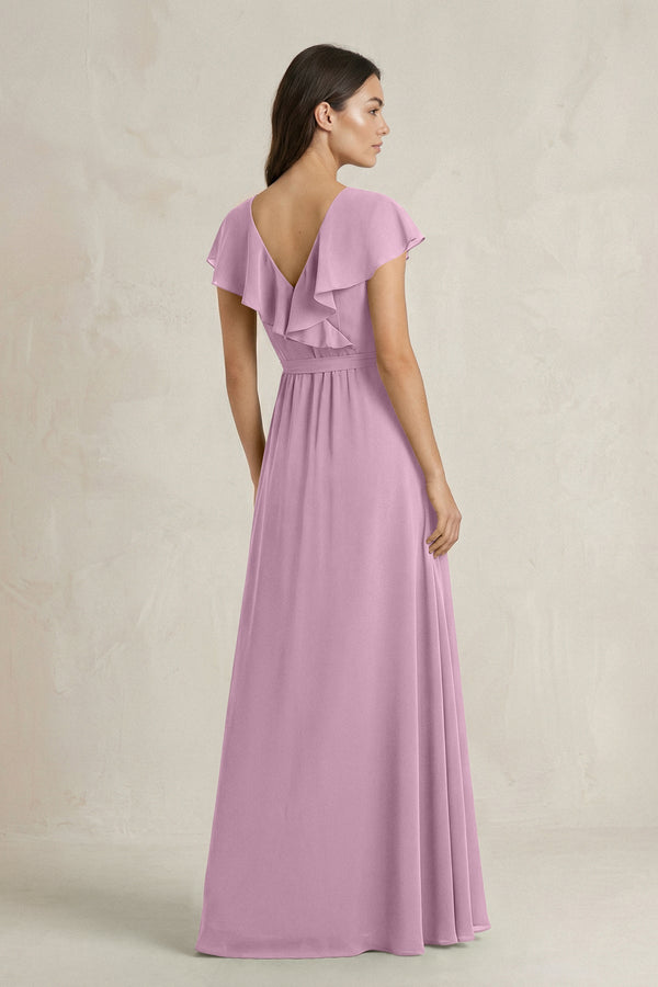 V - Neck A - Line Ruffled Chiffon Bridesmaid Dress With Bow in Wisteria - SHE IS ME Bridesmaid Dresses