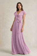V - Neck A - Line Ruffled Chiffon Bridesmaid Dress With Bow in Wisteria - SHE IS ME Bridesmaid Dresses