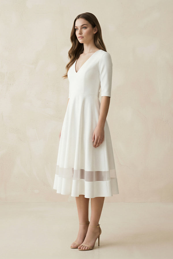 V - Neck A - Line Satin Short Sleeves Wedding Dress in White - SHE IS ME Wedding Dresses