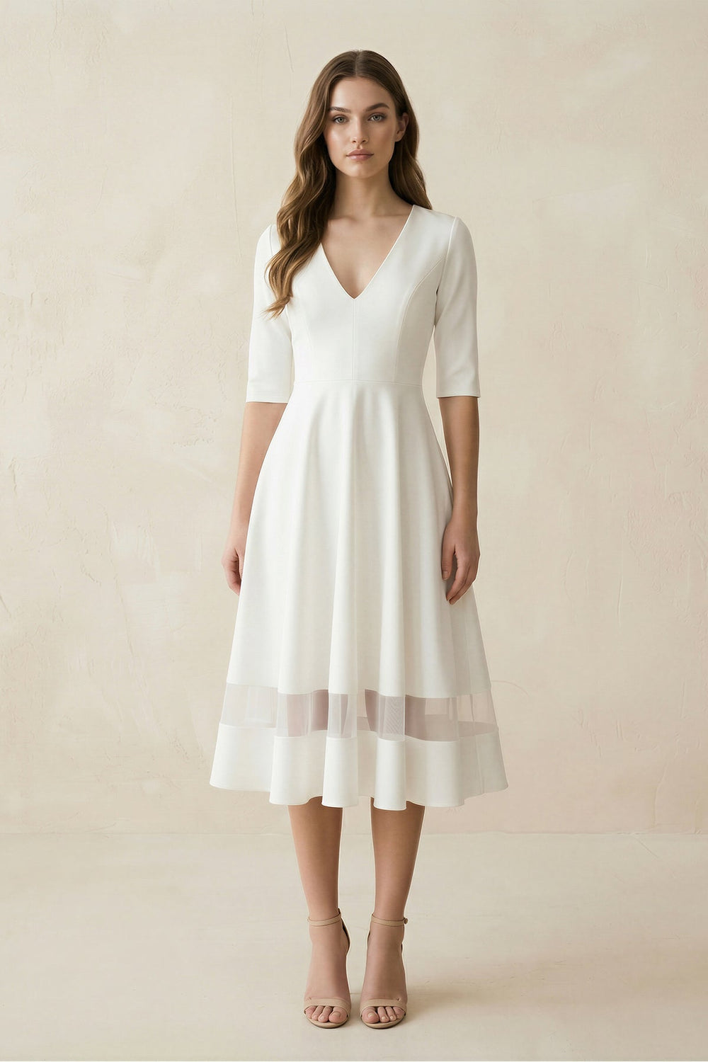 V - Neck A - Line Satin Short Sleeves Wedding Dress in White - KISS BRIDAL Wedding Dresses