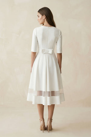 V - Neck A - Line Satin Short Sleeves Wedding Dress in White - SHE IS ME Wedding Dresses