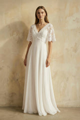 V Neck A Line Short Sleeves Chiffon Wedding Dress in Ivory - KISS BRIDAL Wedding Dresses