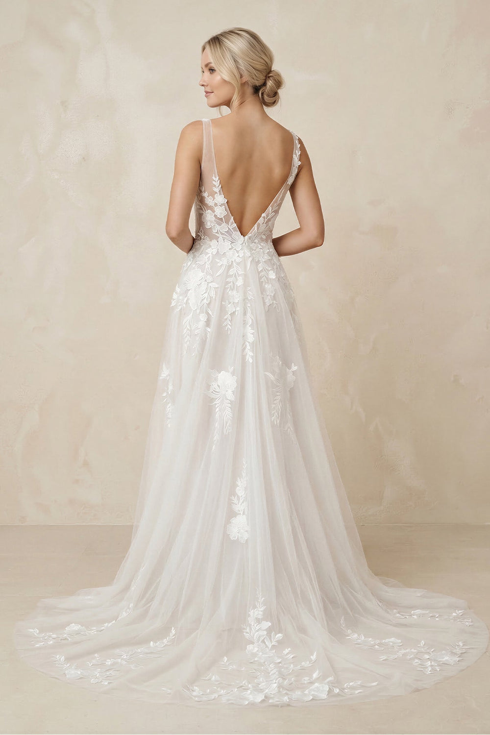 V - Neck A - Line Tulle Appliqued Maxi Wedding Dress in White - KISS BRIDAL Wedding Dresses