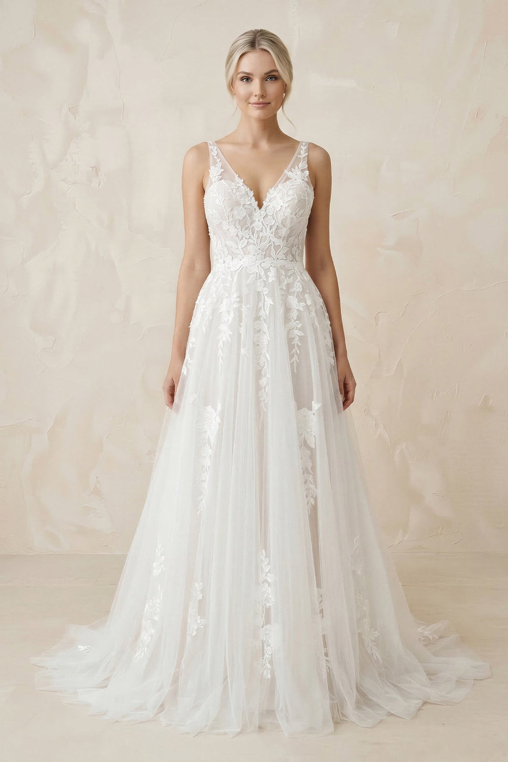 V - Neck A - Line Tulle Appliqued Maxi Wedding Dress in White - KISS BRIDAL Wedding Dresses