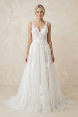 V - Neck A - Line Tulle Appliqued Maxi Wedding Dress in White - KISS BRIDAL Wedding Dresses